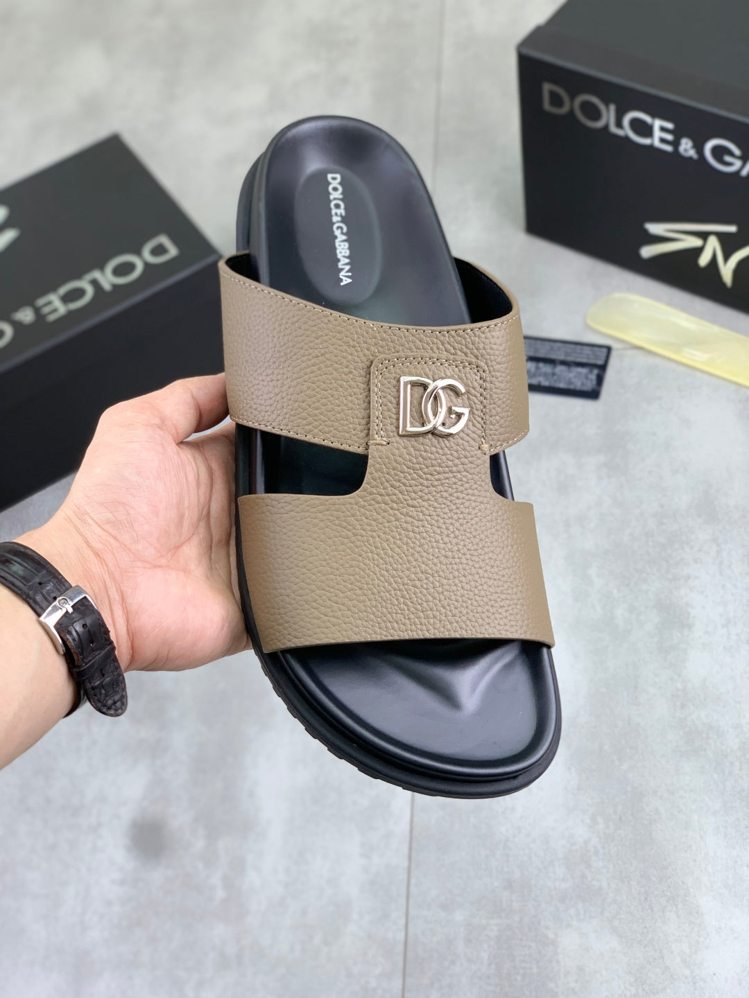 Dolce & Gabbana DG Men's Handcrafted Calfskin Slides Multi-Color