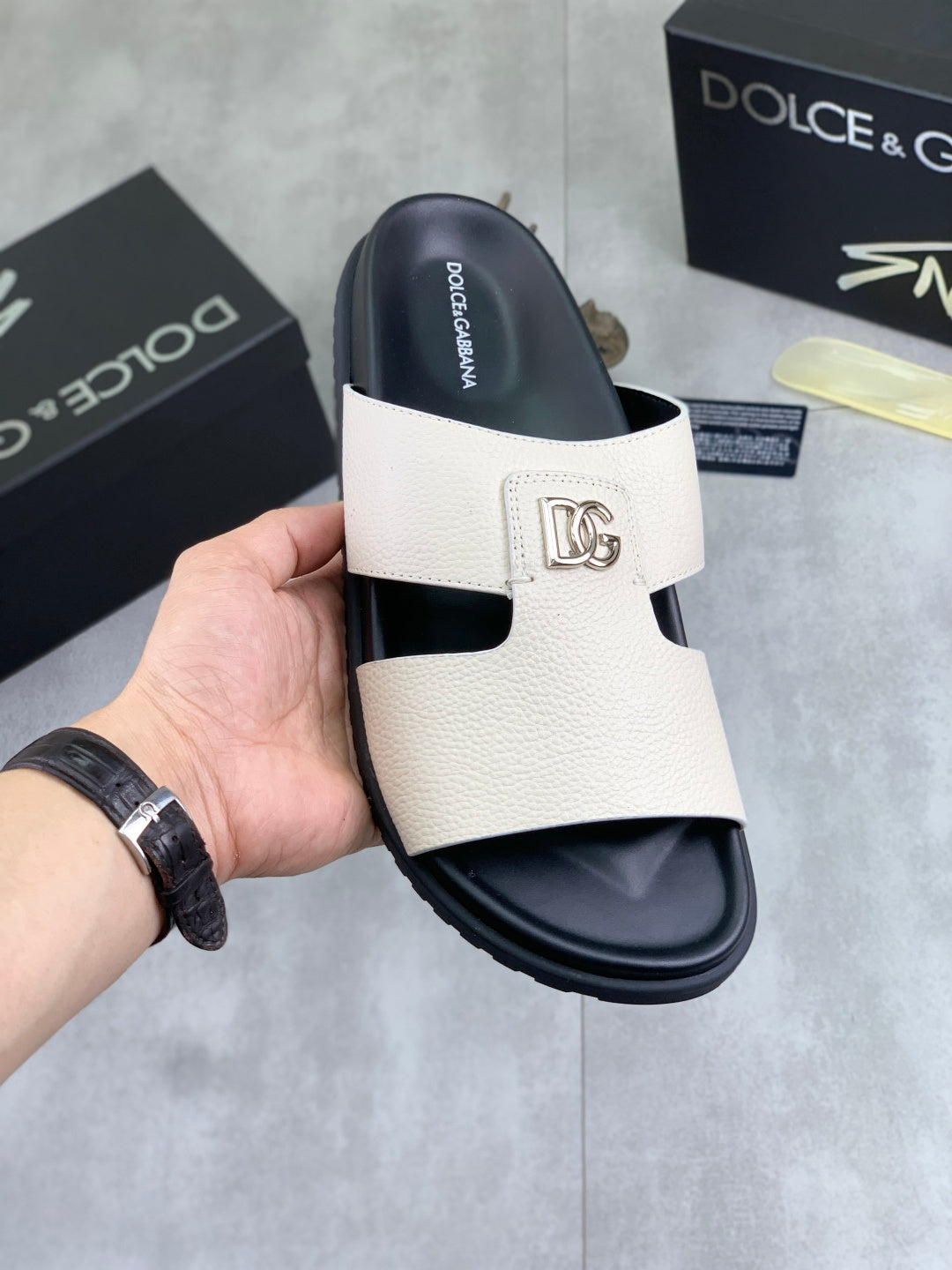 Dolce & Gabbana DG Men's Handcrafted Calfskin Slides Multi-Color