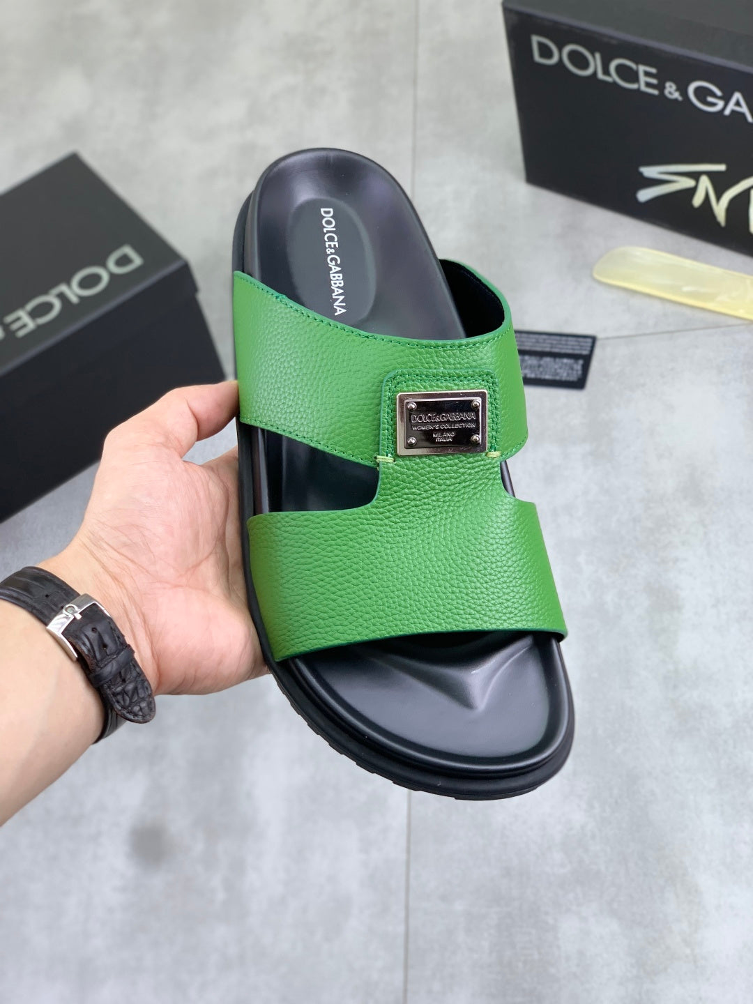 Dolce & Gabbana DG Men's Handcrafted Calfskin Slides Multi-Color