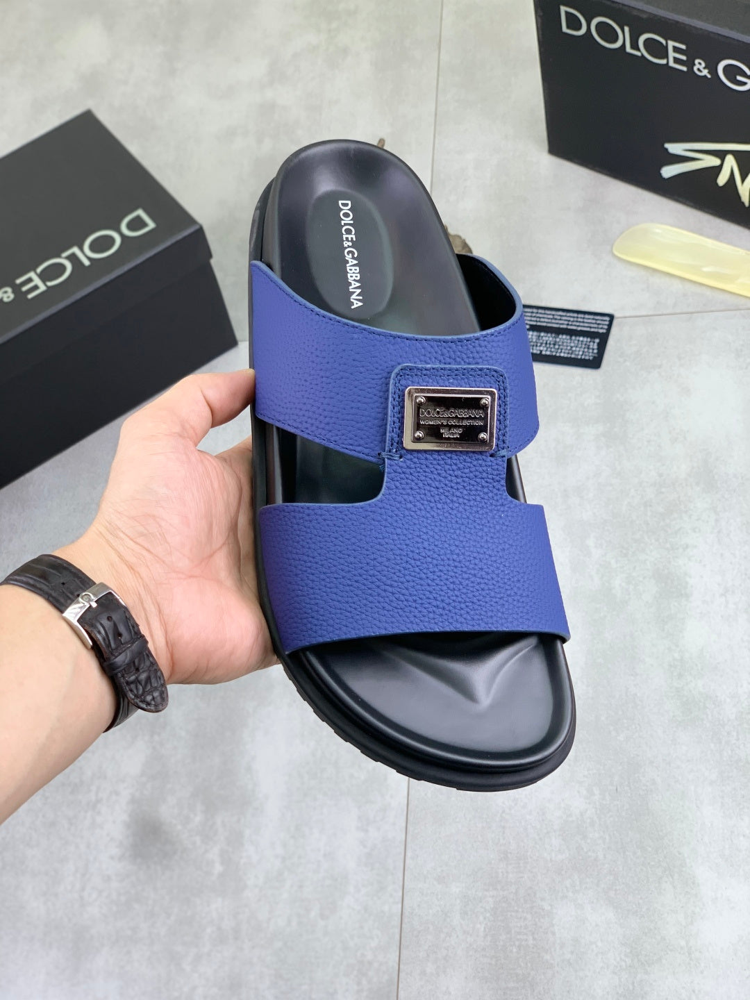 Dolce & Gabbana DG Men's Handcrafted Calfskin Slides Multi-Color