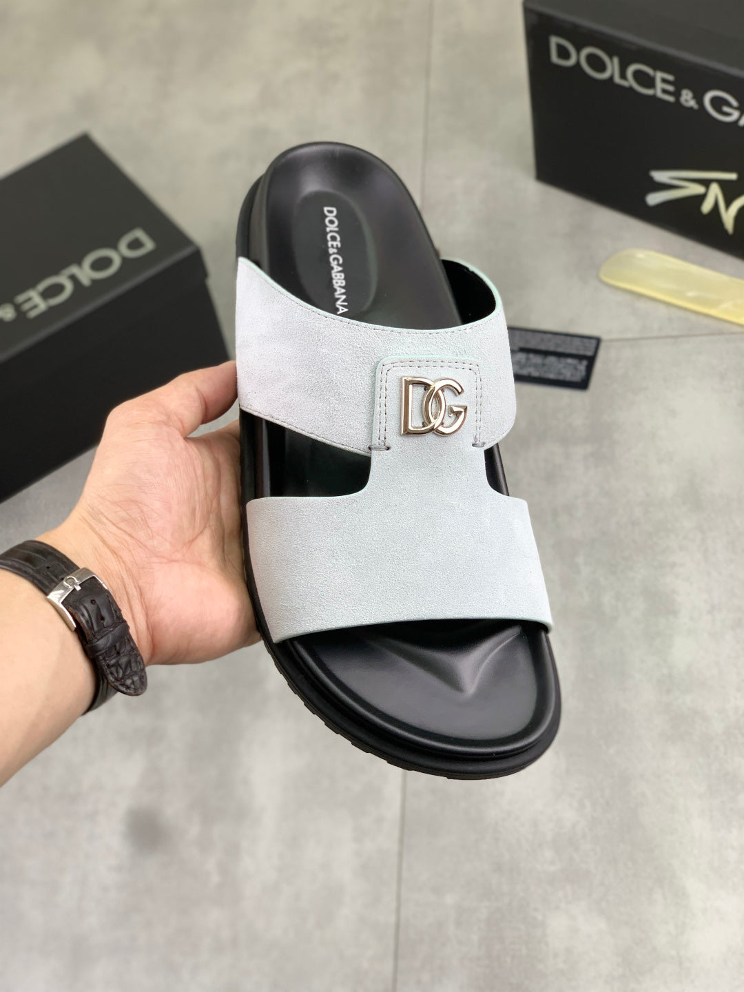 Dolce & Gabbana DG Men's Handcrafted Calfskin Slides Multi-Color