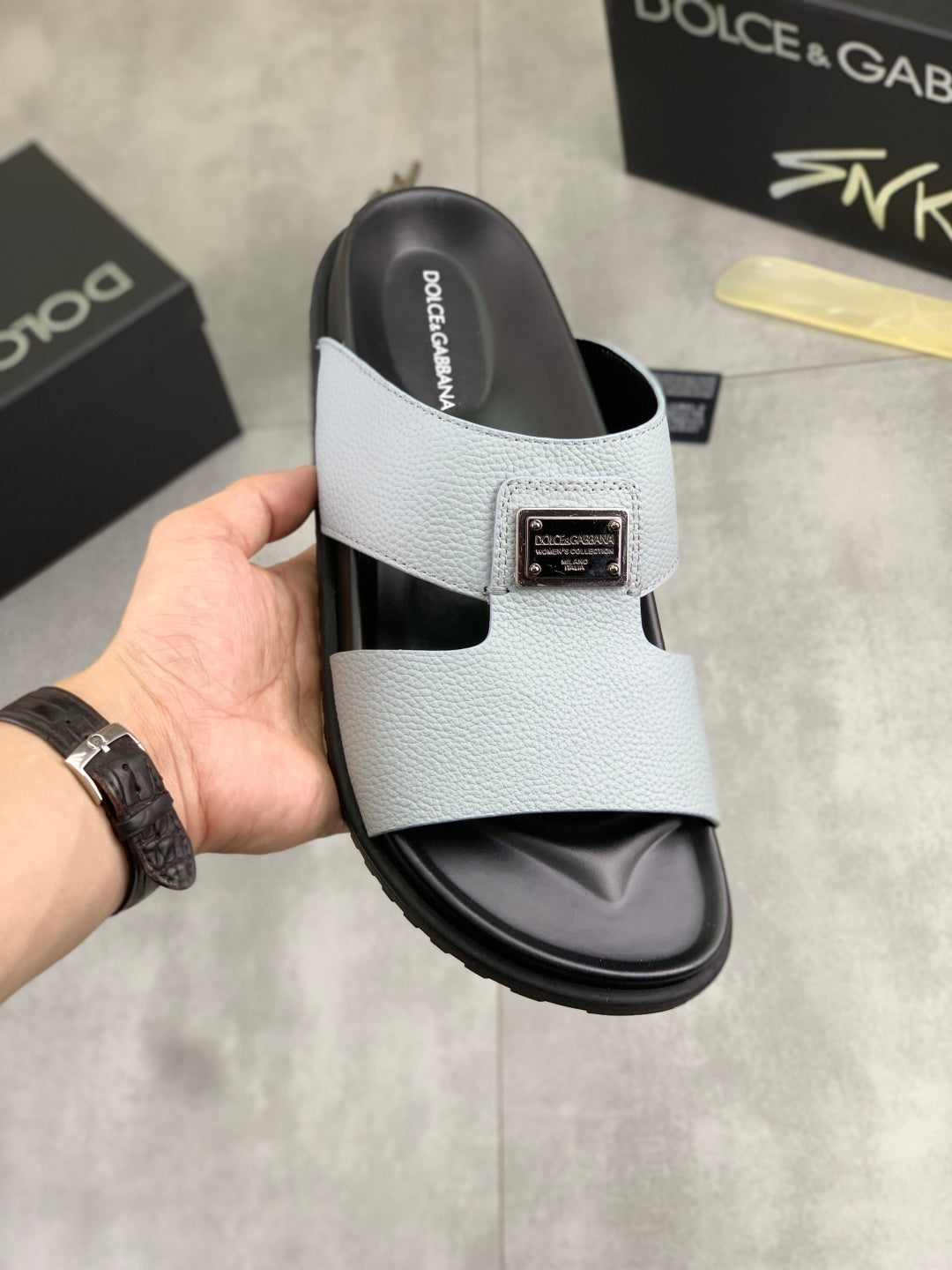 Dolce & Gabbana DG Men's Handcrafted Calfskin Slides Multi-Color