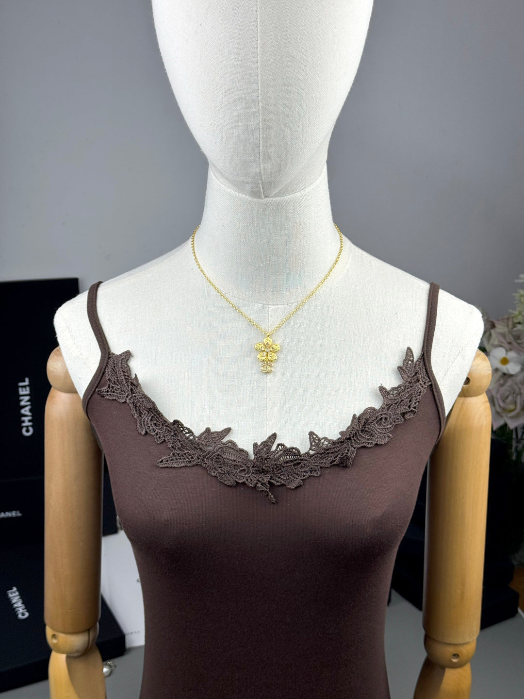 gold floral Pendant for women - alternate angle view 2