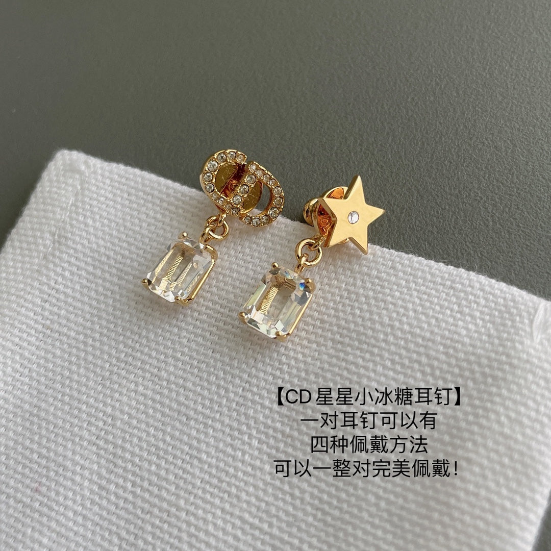 silver crystal star Stud Earrings for unisex couple - product detail view