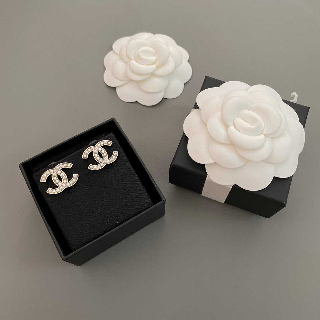beige pearl double c Stud Earrings for women - alternate angle view 3