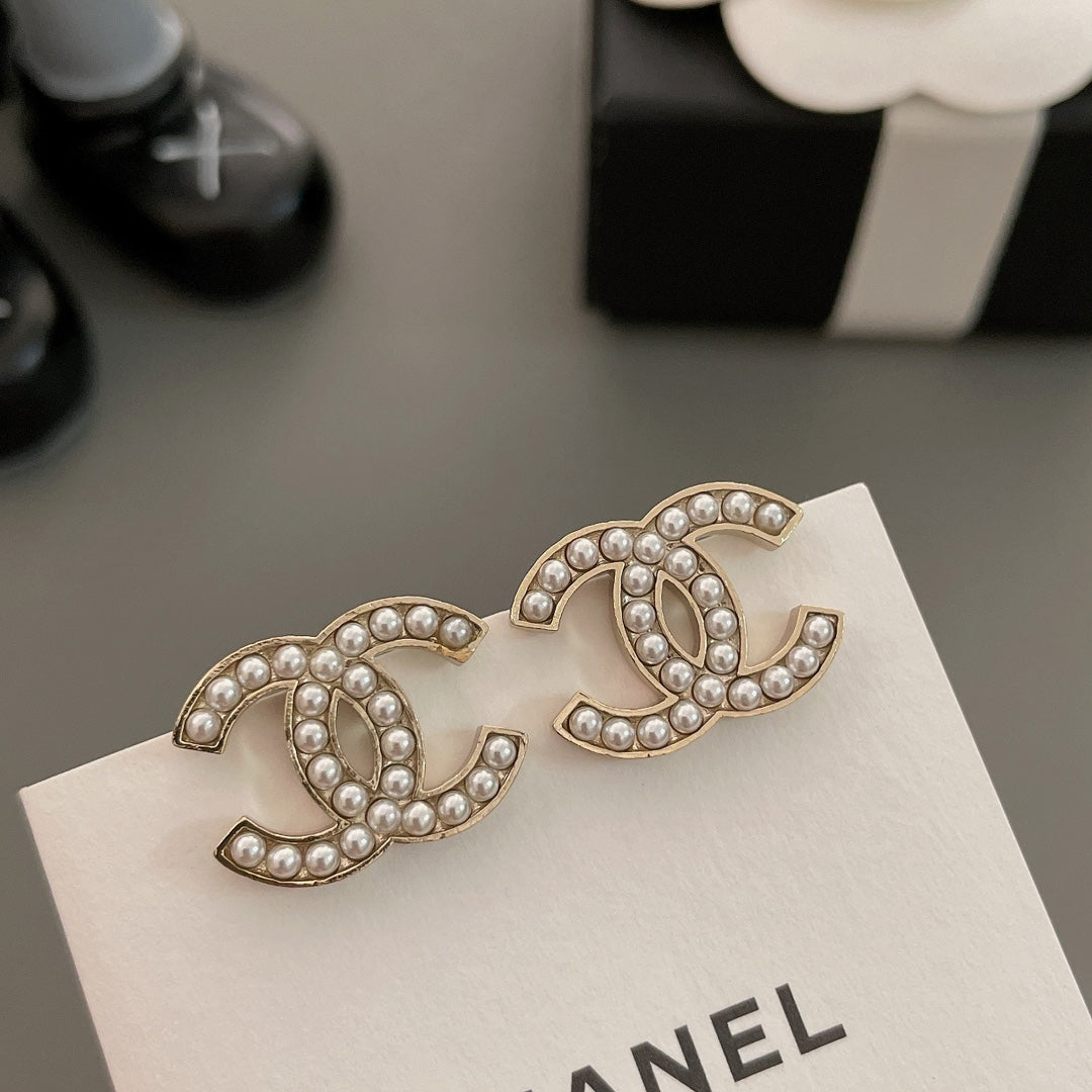 beige pearl double c Stud Earrings for women - alternate angle view 9