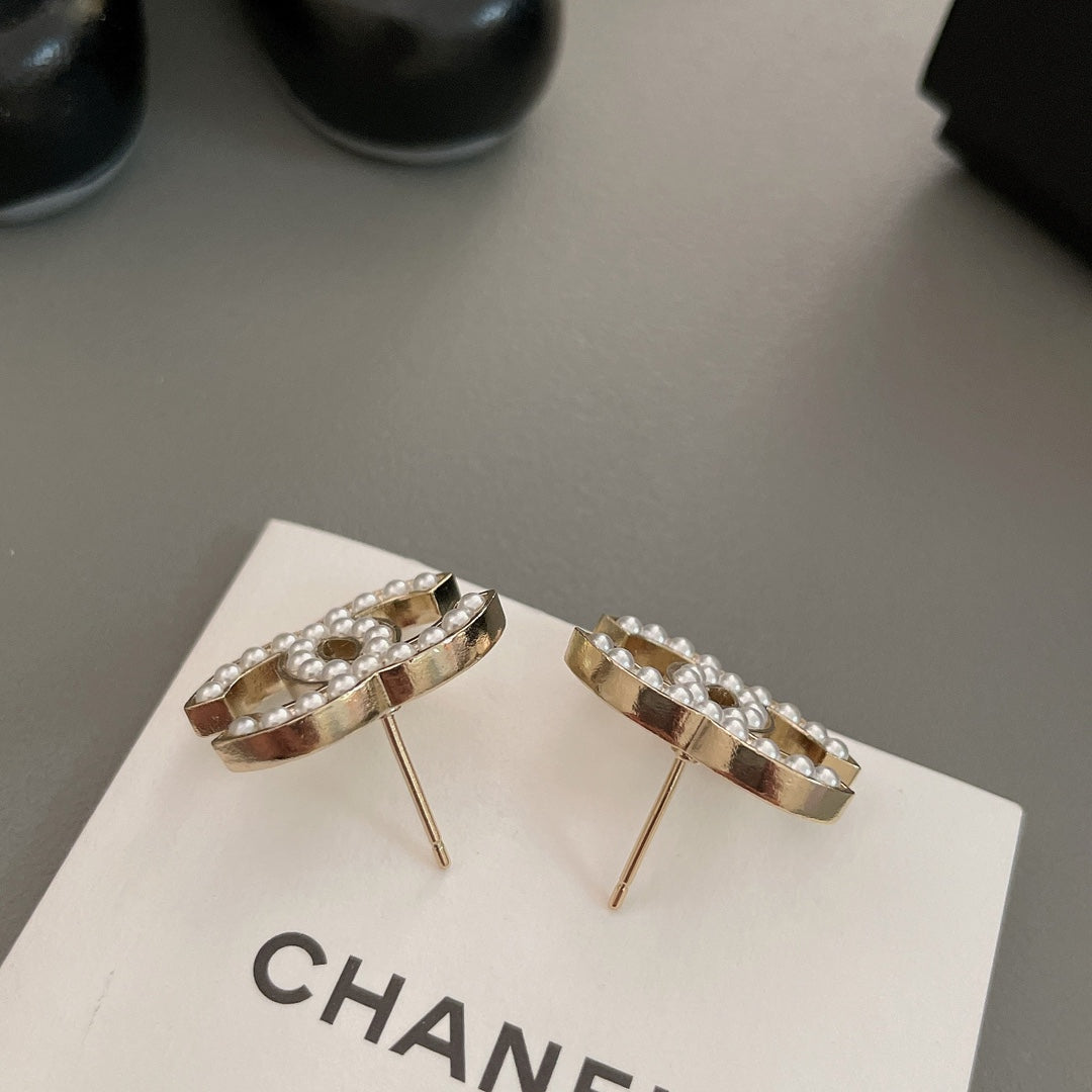 beige pearl double c Stud Earrings for women - alternate angle view 7