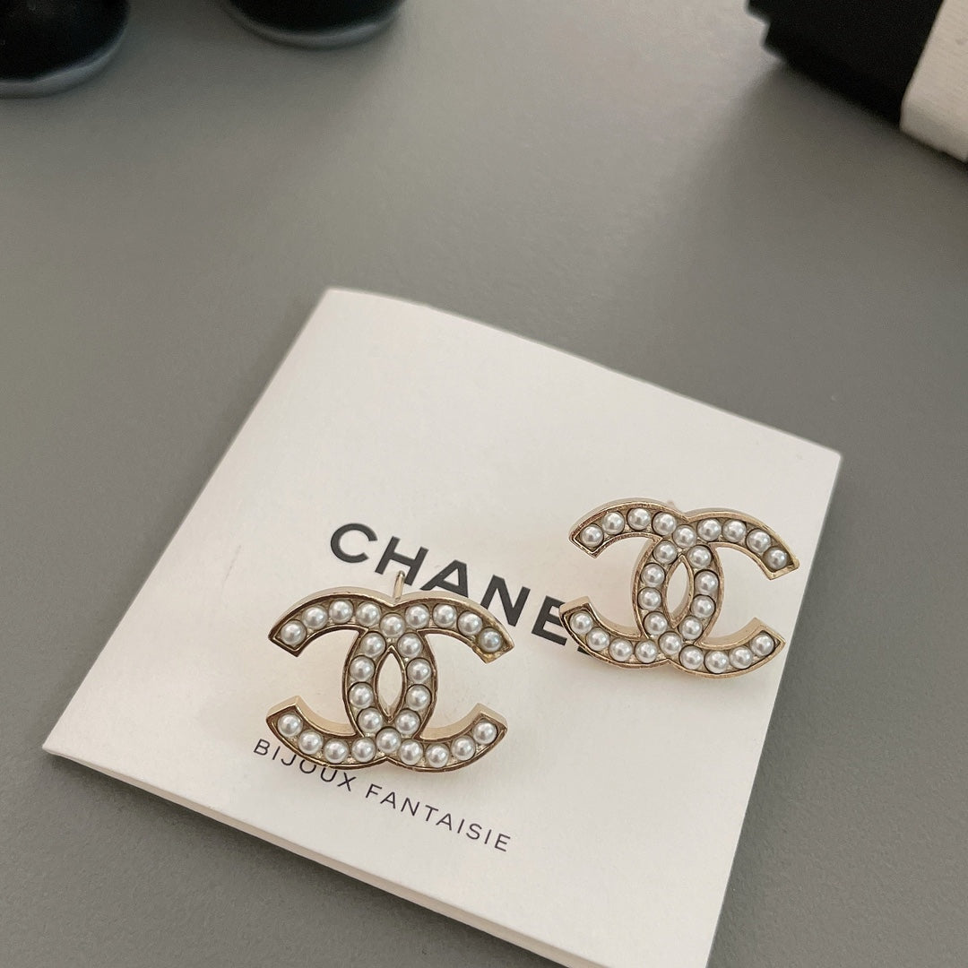 beige pearl double c Stud Earrings for women - alternate angle view 2