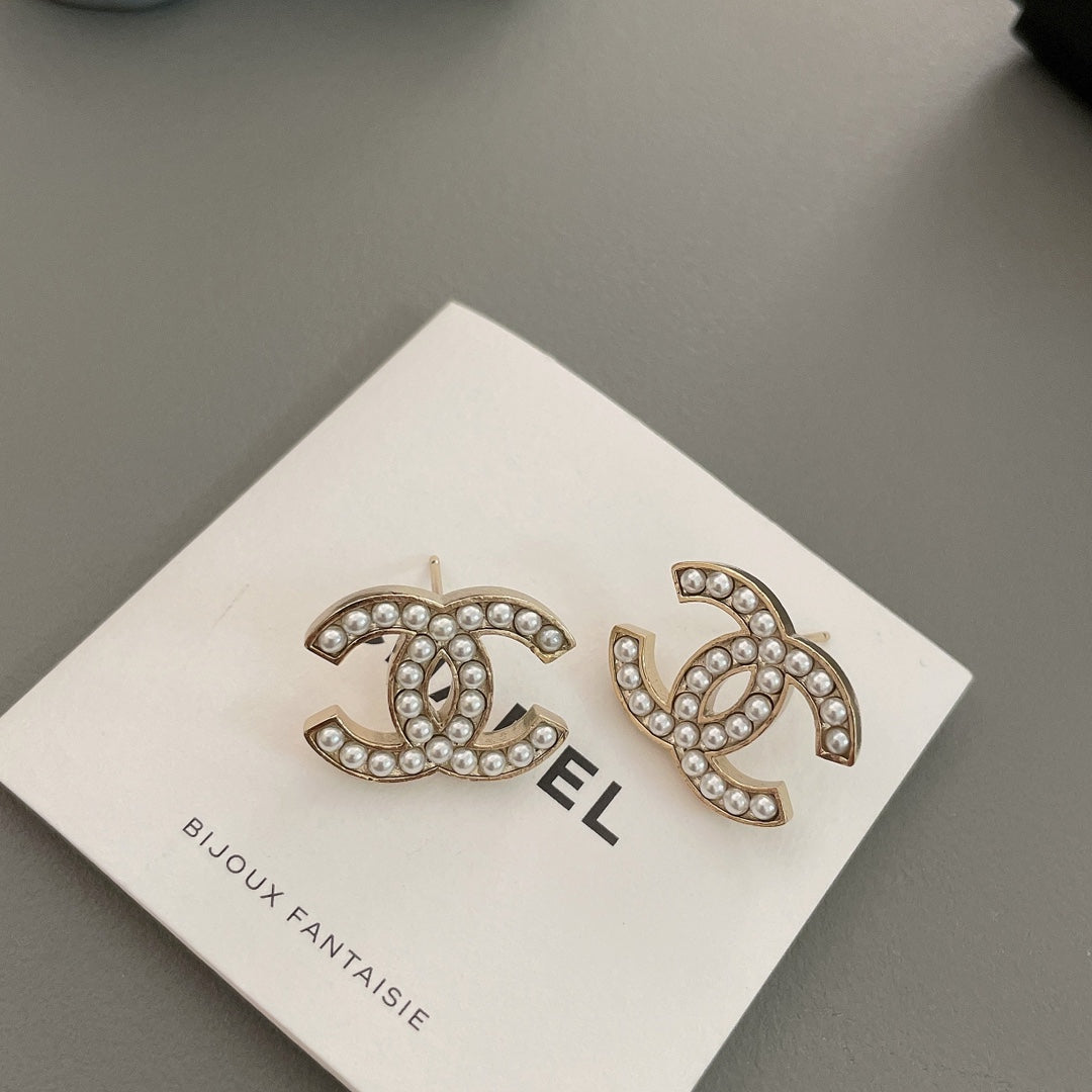beige pearl double c Stud Earrings for women - alternate angle view 5