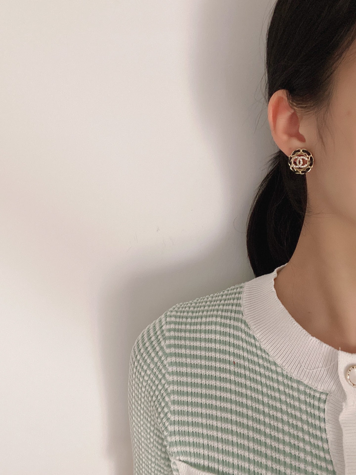 black leather Stud Earrings for women - alternate angle view 2