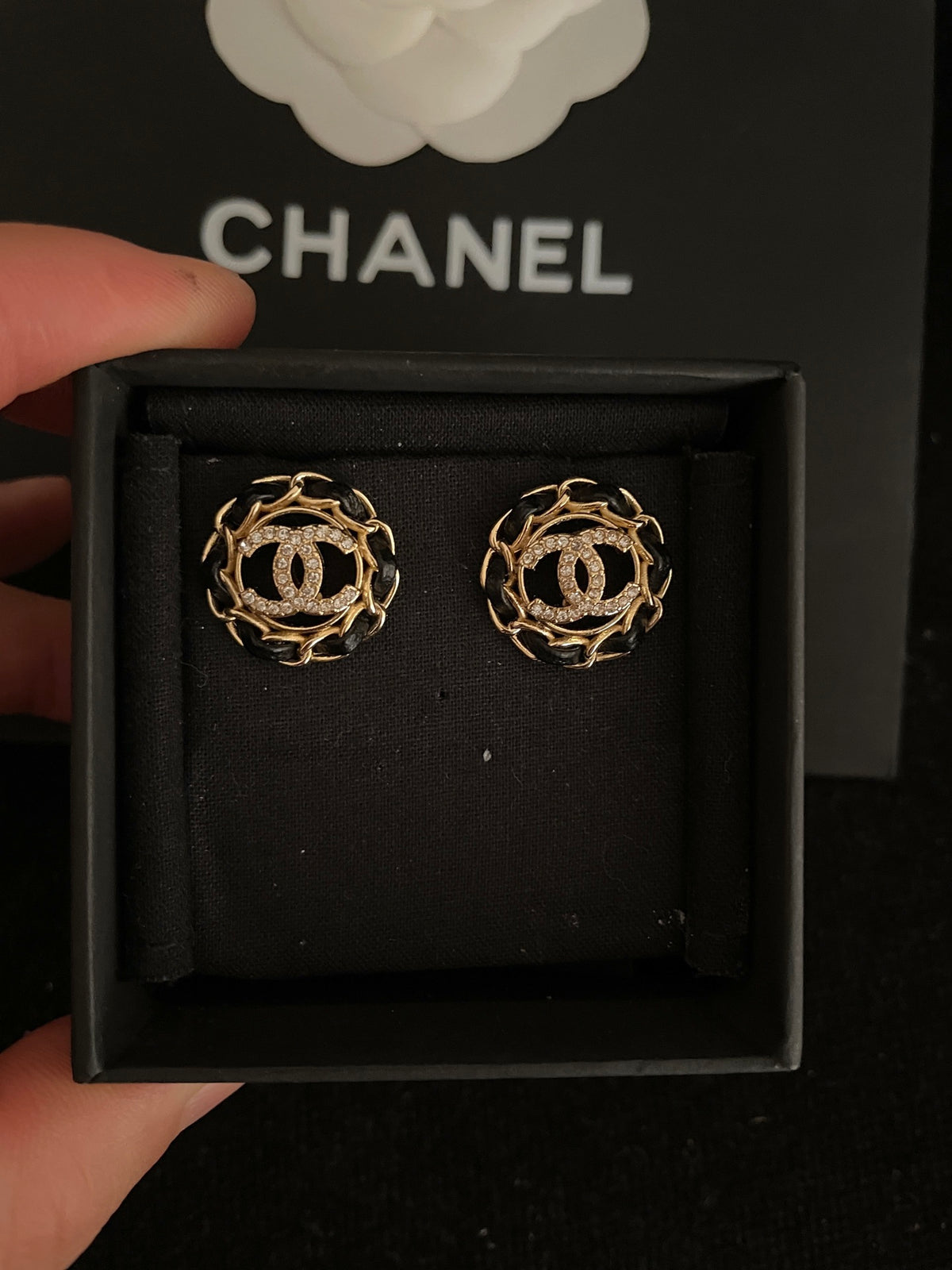black leather Stud Earrings for women - product detail view