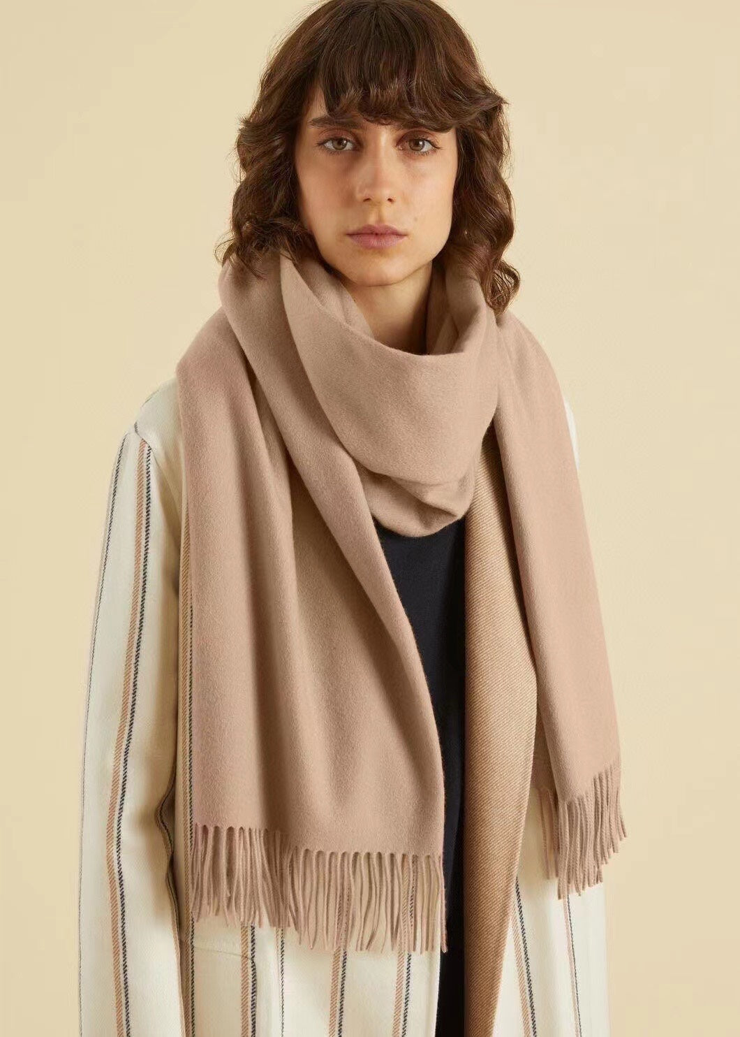 camel velvet tassel Shawl for women - alternate angle view 2
