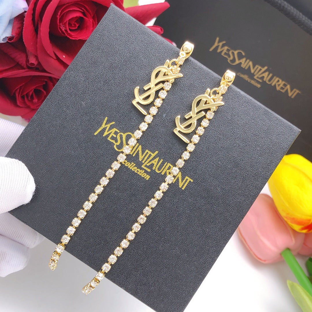 yellow brass crystal inlaid Stud Earrings for women - alternate angle view 2