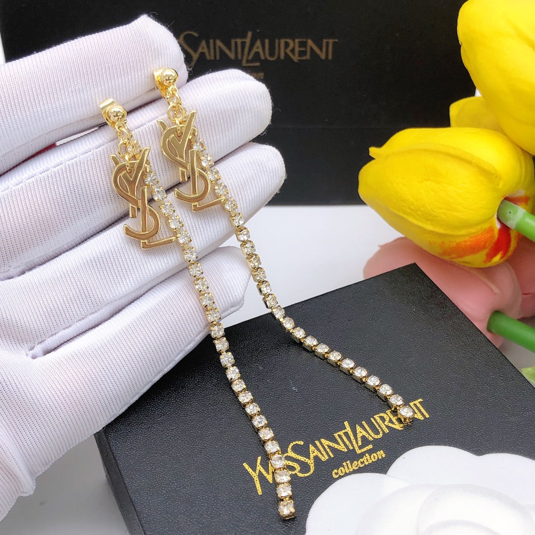 yellow brass crystal inlaid Stud Earrings for women - alternate angle view 3