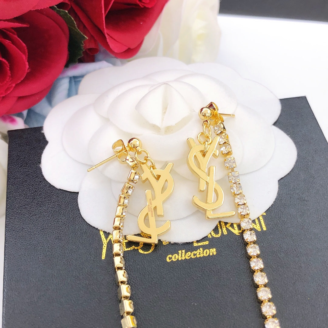 yellow brass crystal inlaid Stud Earrings for women - alternate angle view 5