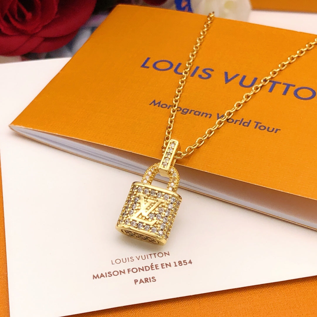 yellow brass crystal inlaid Necklace for women - alternate angle view 2