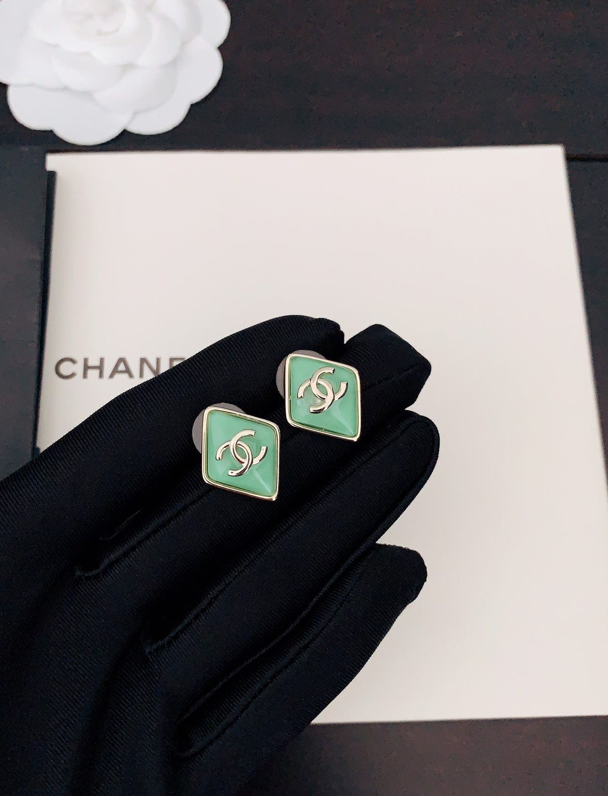 green brass Stud Earrings for women - product detail view