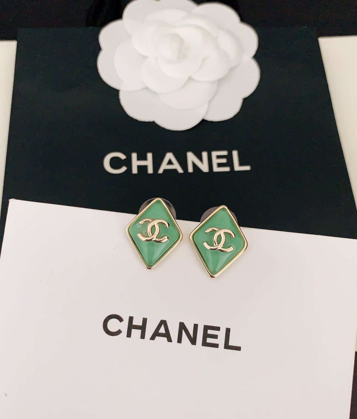 green brass Stud Earrings for women - alternate angle view 3