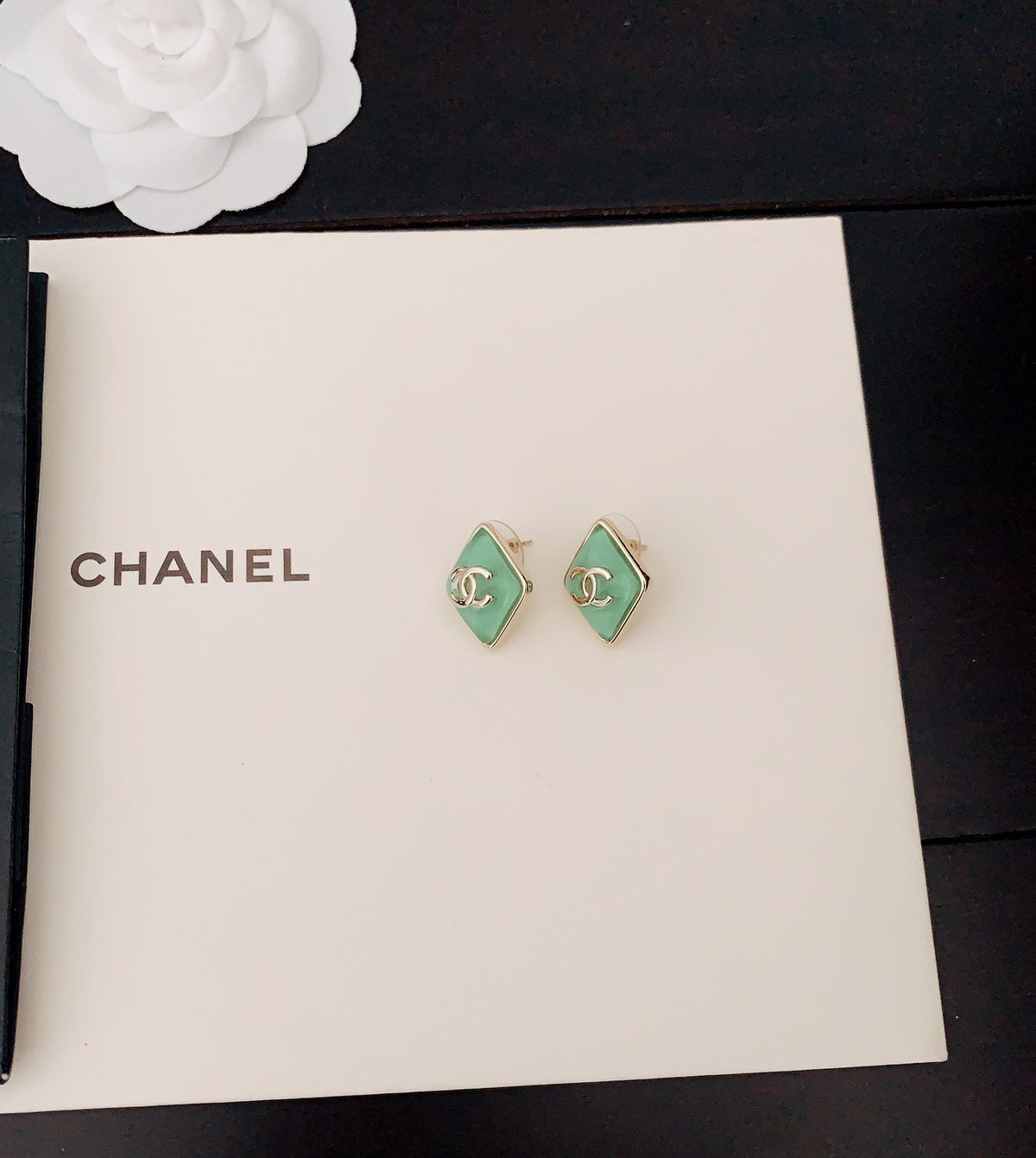 green brass Stud Earrings for women - alternate angle view 2