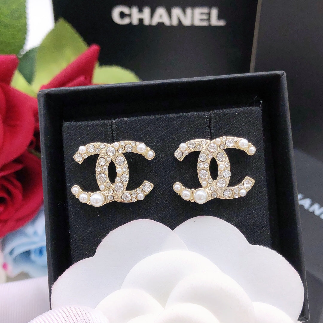 beige brass crystal inlaid Stud Earrings for women - product detail view