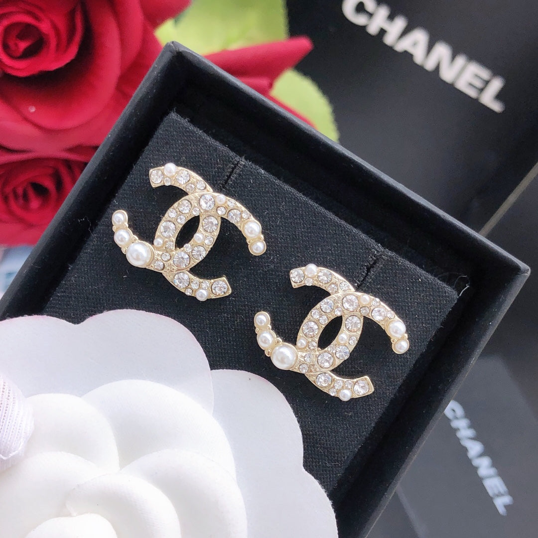 beige brass crystal inlaid Stud Earrings for women - alternate angle view 2