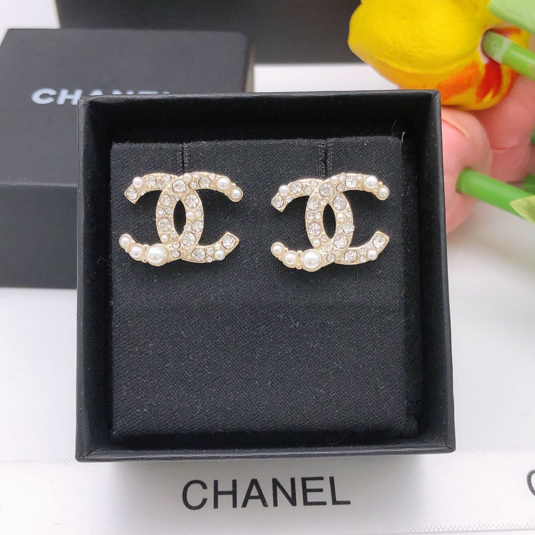 beige brass crystal inlaid Stud Earrings for women - alternate angle view 6