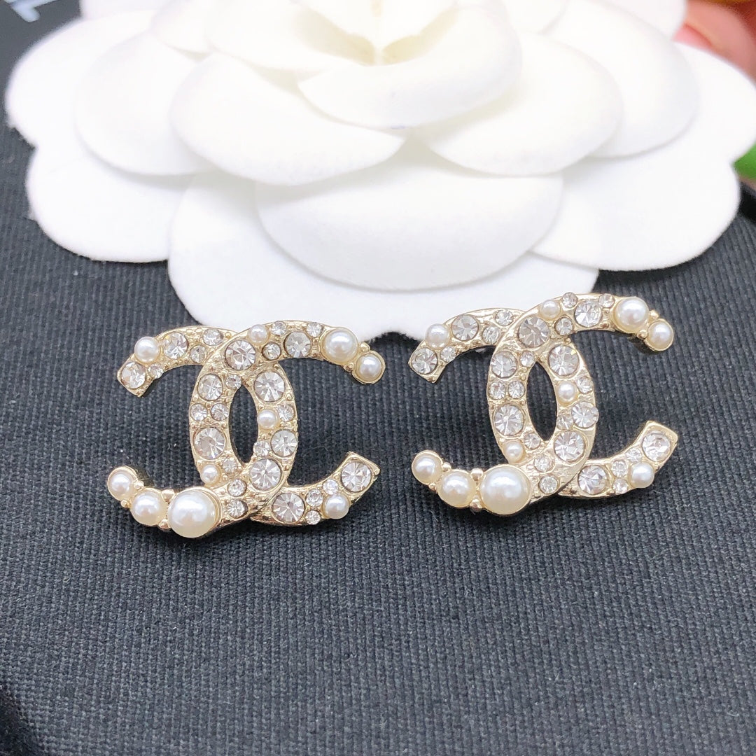 beige brass crystal inlaid Stud Earrings for women - alternate angle view 5