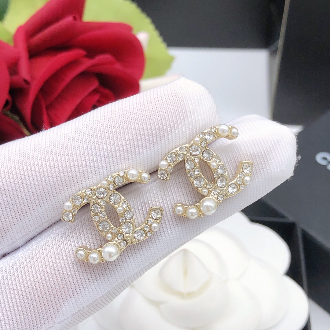 beige brass crystal inlaid Stud Earrings for women - alternate angle view 3