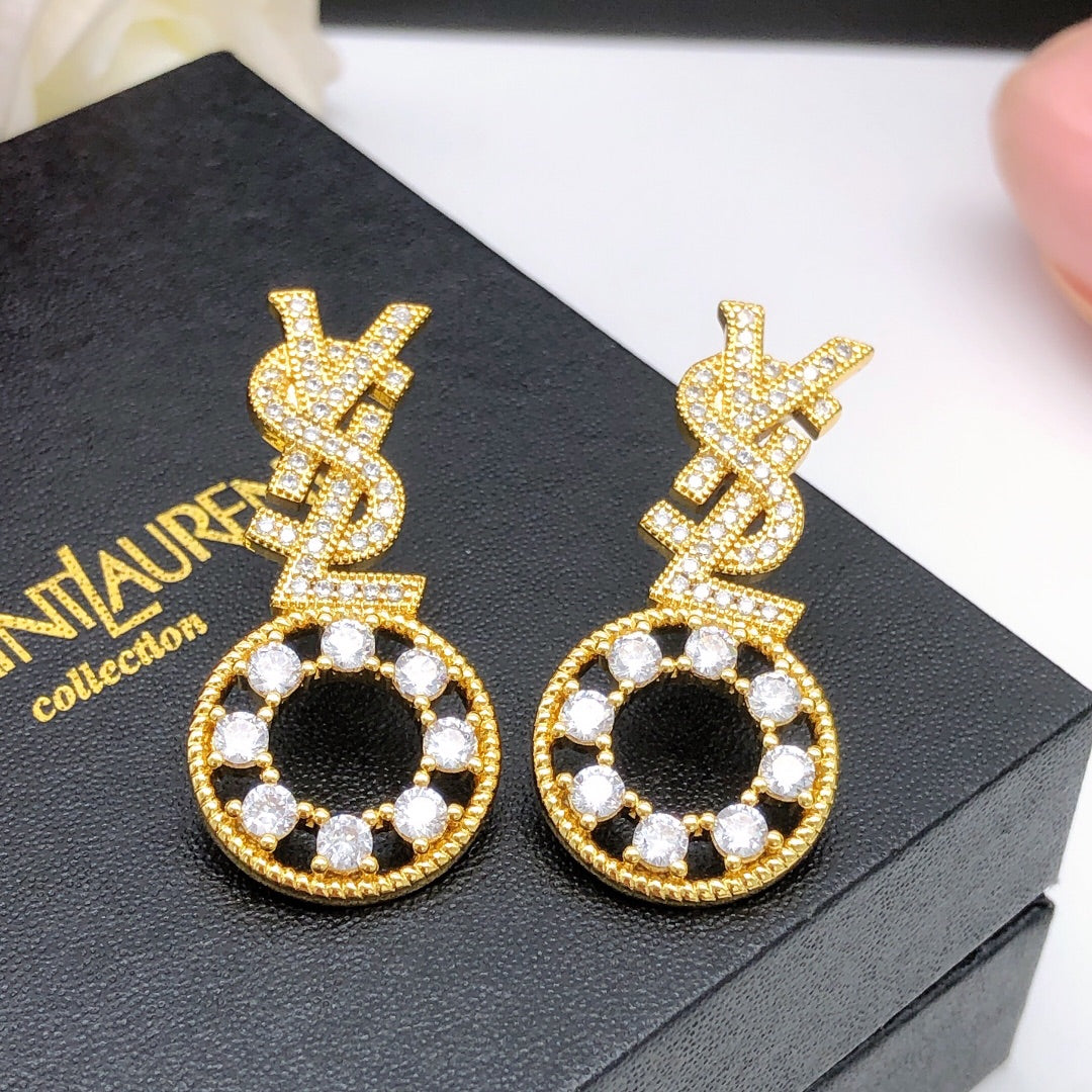 yellow brass crystal inlaid Stud Earrings for women - alternate angle view 7