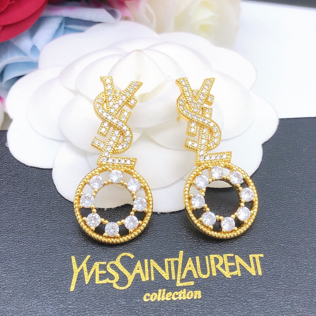 yellow brass crystal inlaid Stud Earrings for women - alternate angle view 5