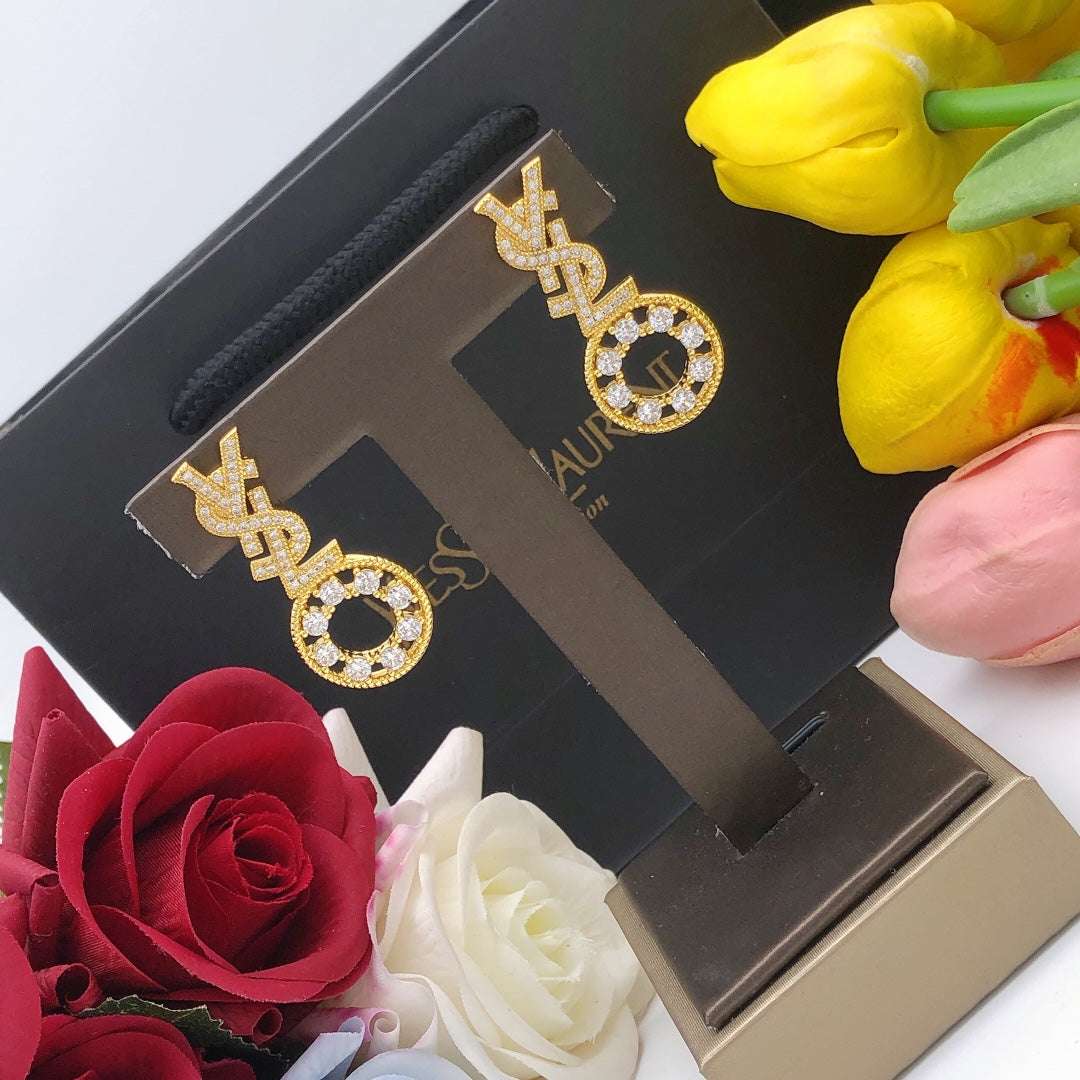 yellow brass crystal inlaid Stud Earrings for women - alternate angle view 8
