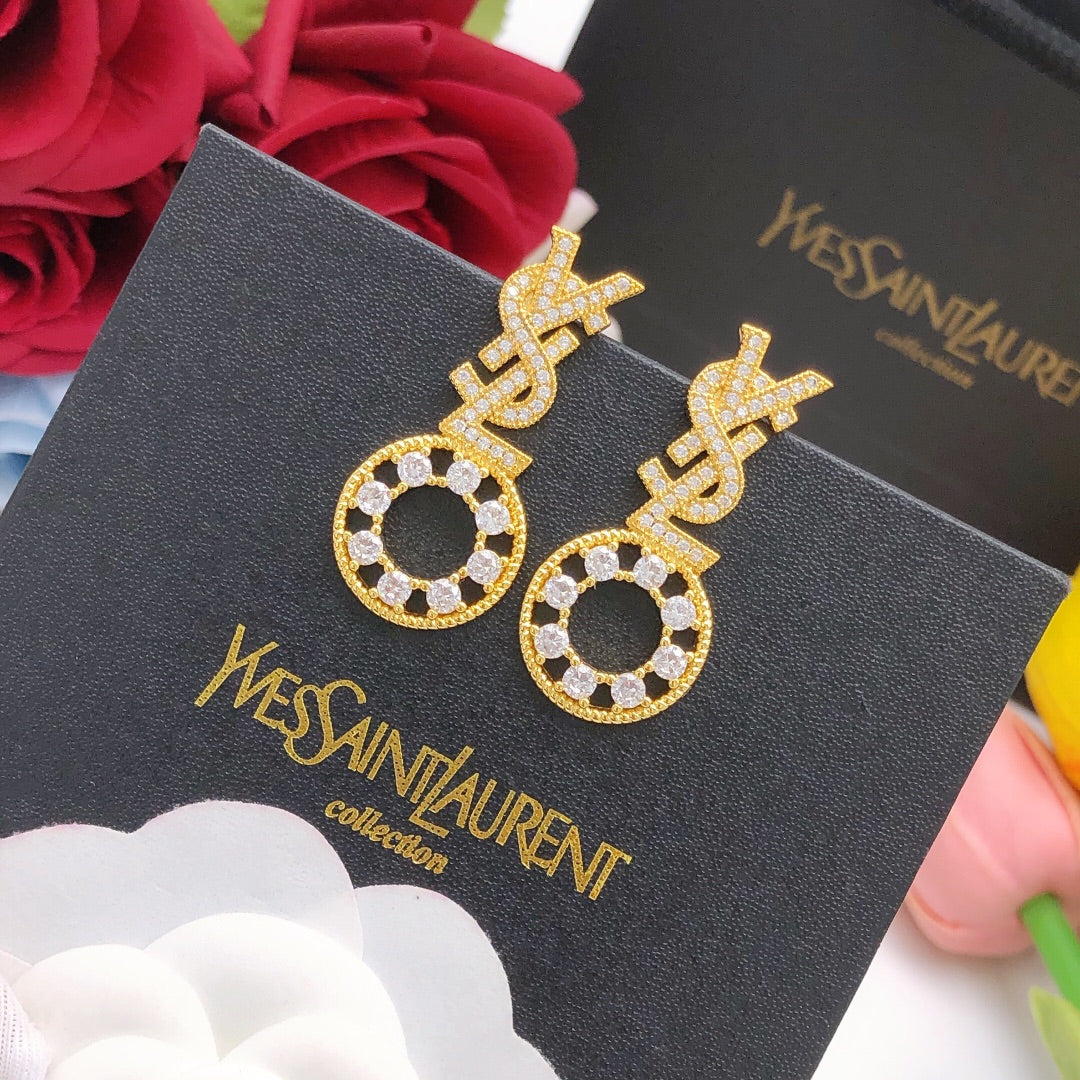yellow brass crystal inlaid Stud Earrings for women - alternate angle view 2