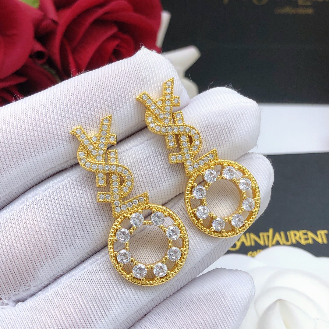 yellow brass crystal inlaid Stud Earrings for women - alternate angle view 3