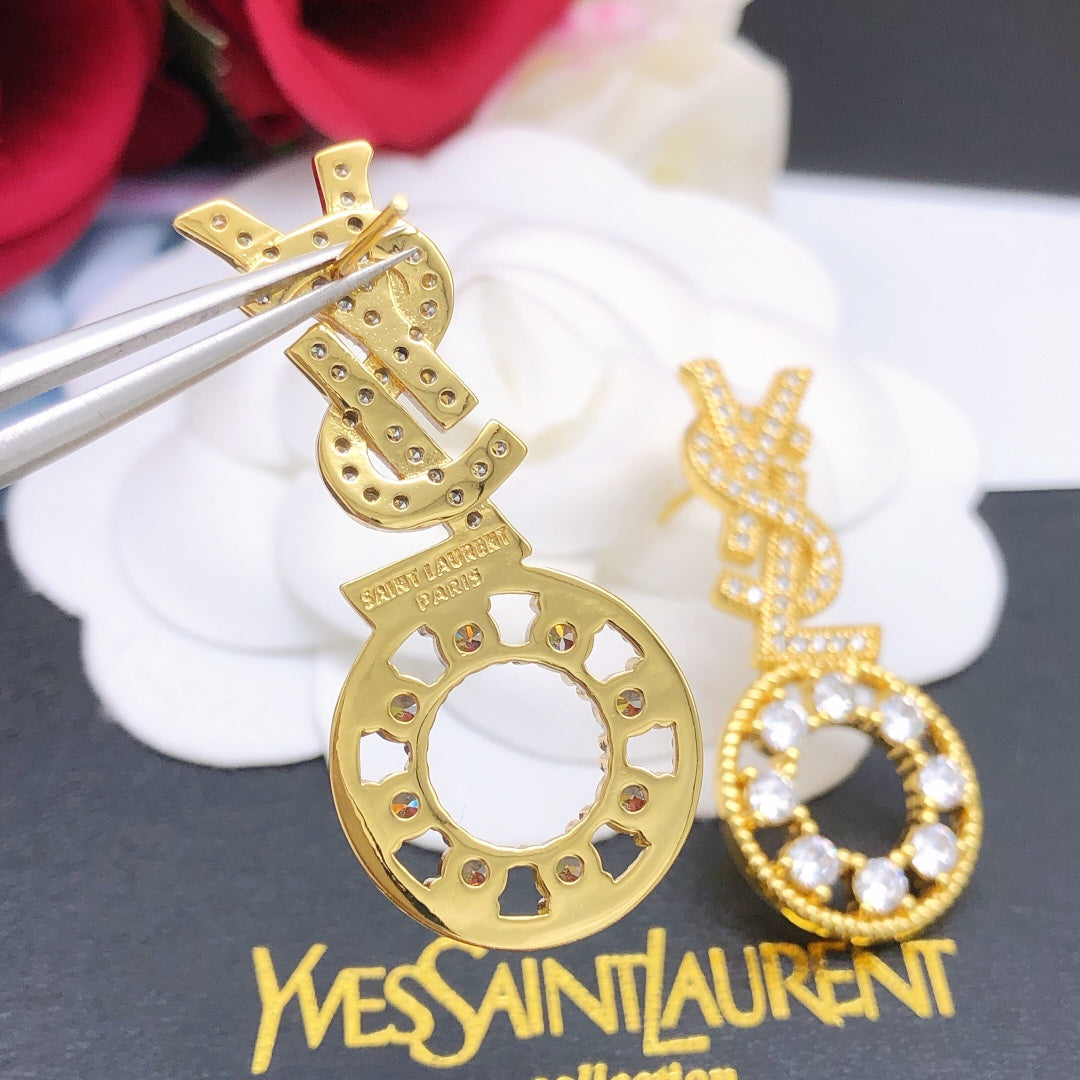 yellow brass crystal inlaid Stud Earrings for women - alternate angle view 6