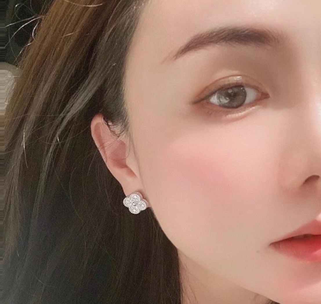 silver 925 sterling silver clover Stud Earrings for women - alternate angle view 3