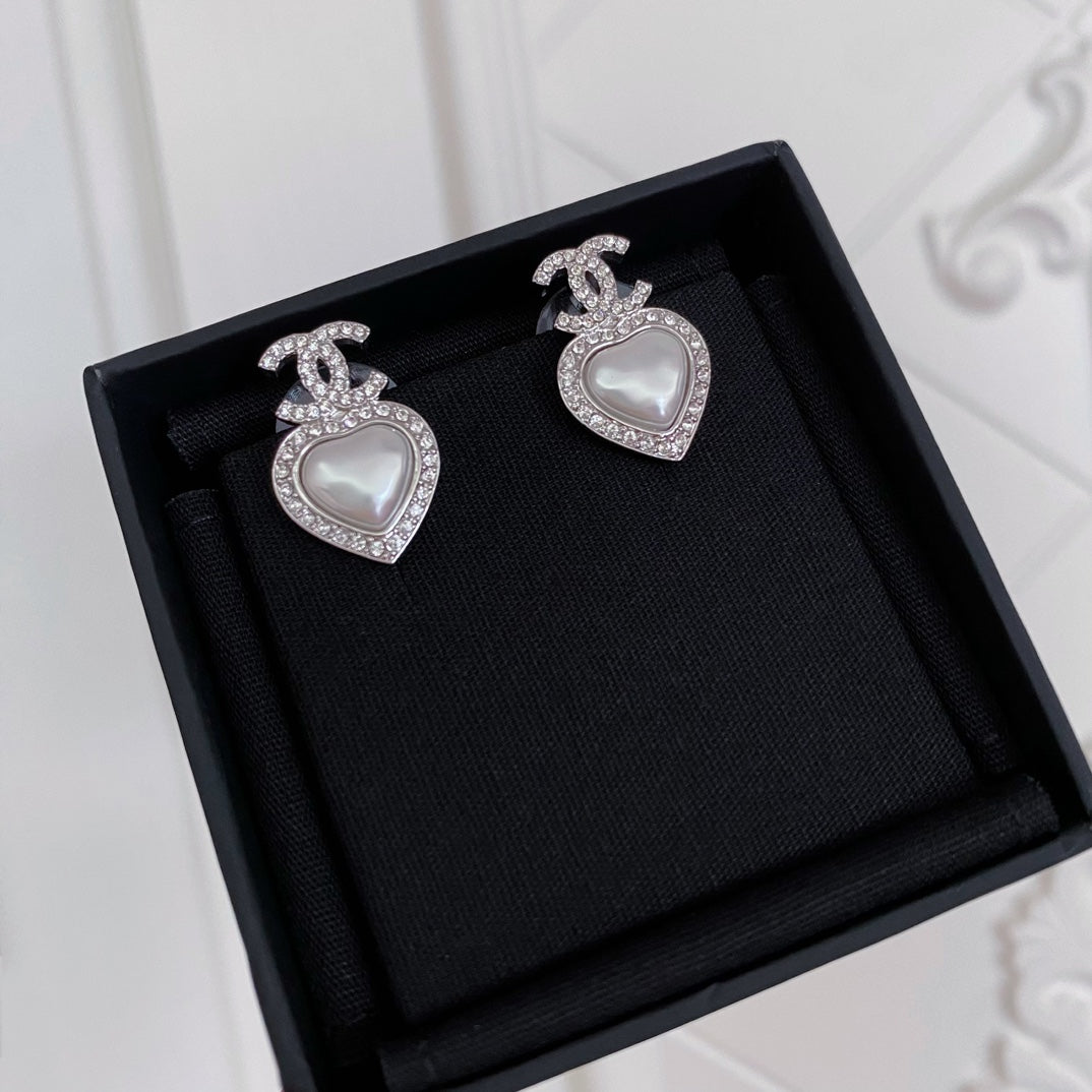 silver pearl heart Stud Earrings for women - alternate angle view 2