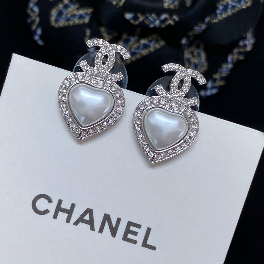 silver pearl heart Stud Earrings for women - alternate angle view 3