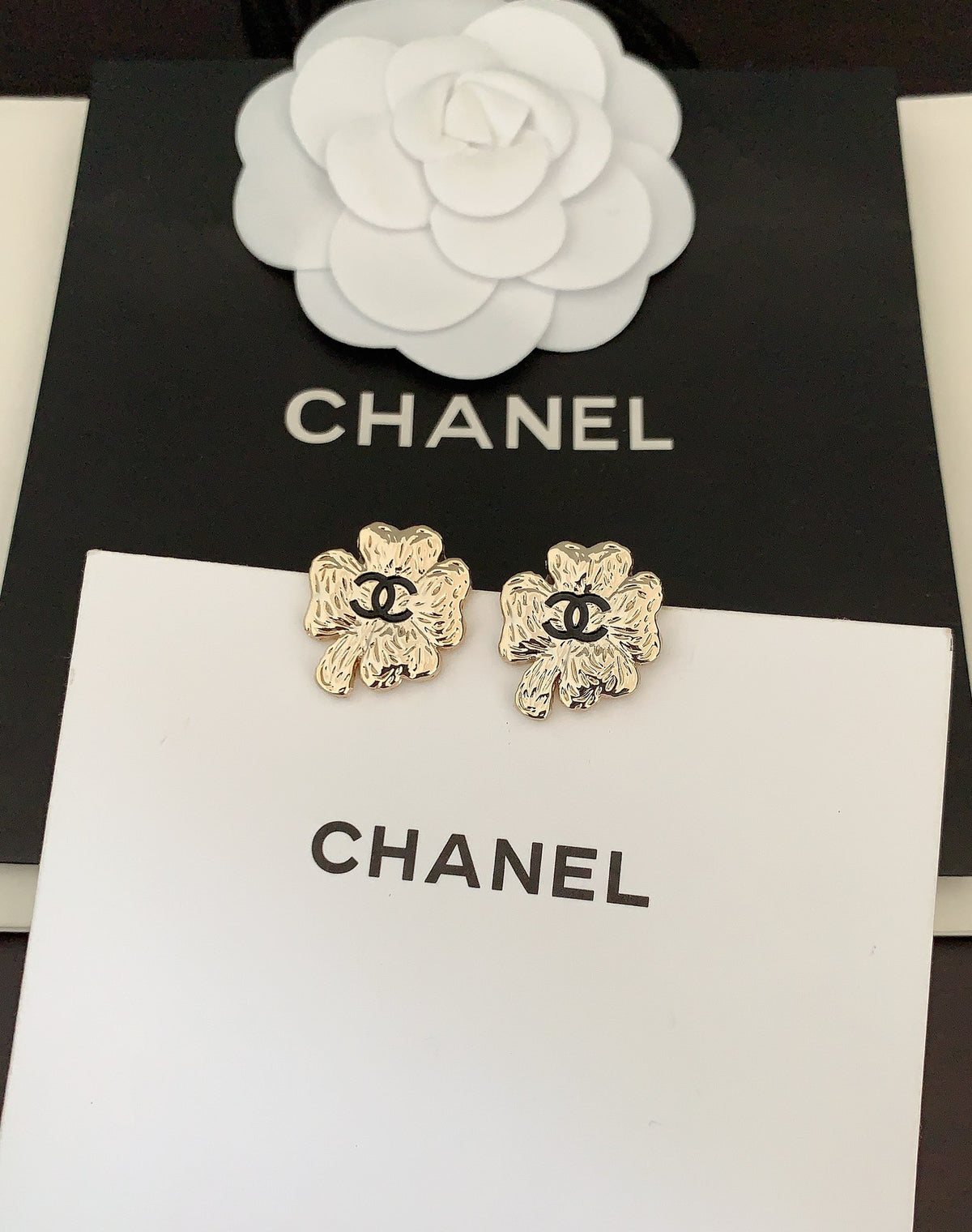 light gold brass clover Stud Earrings for women - alternate angle view 3