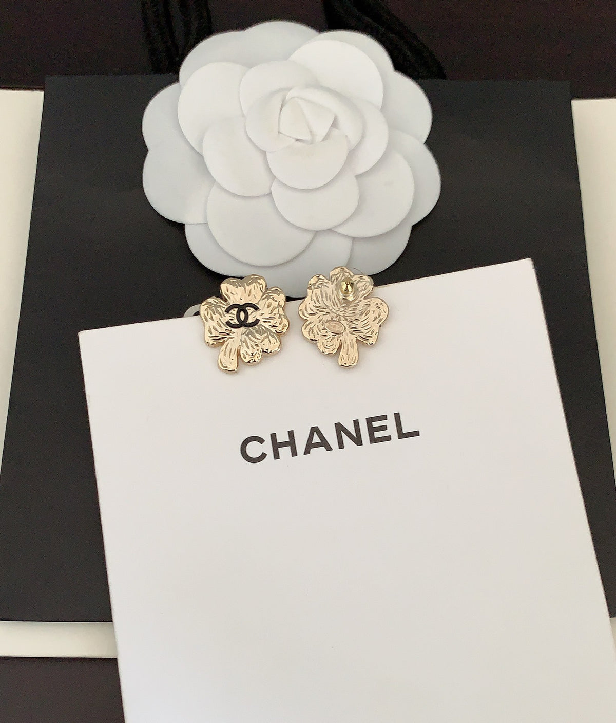 light gold brass clover Stud Earrings for women - alternate angle view 4