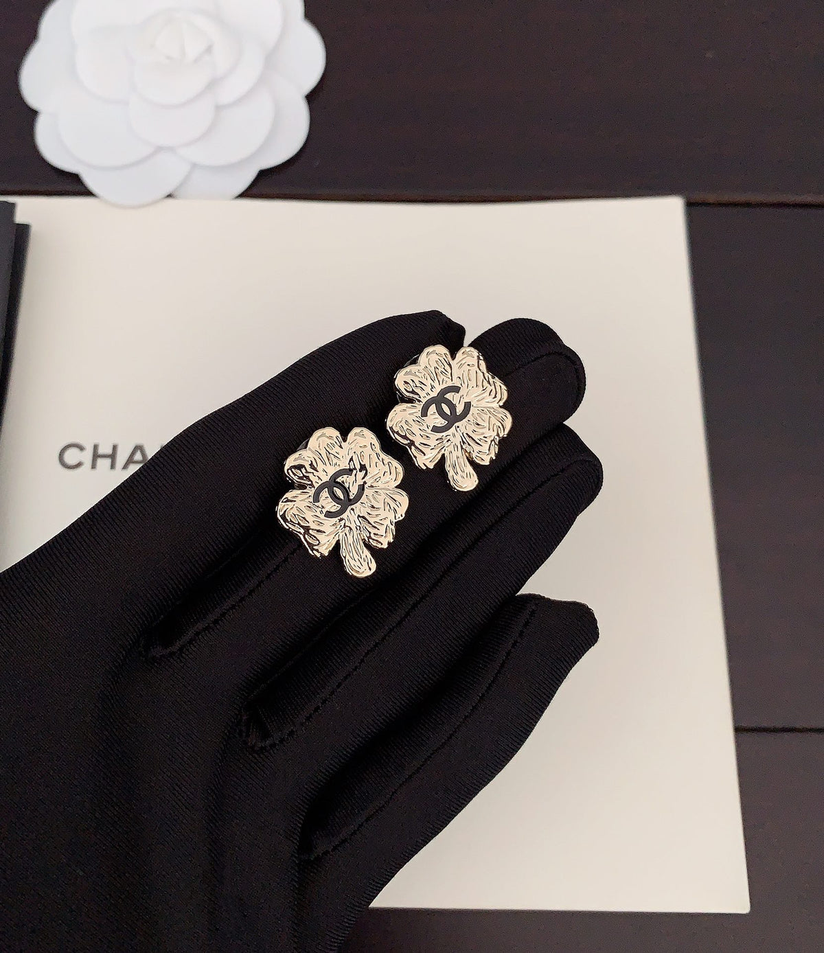 light gold brass clover Stud Earrings for women - product detail view