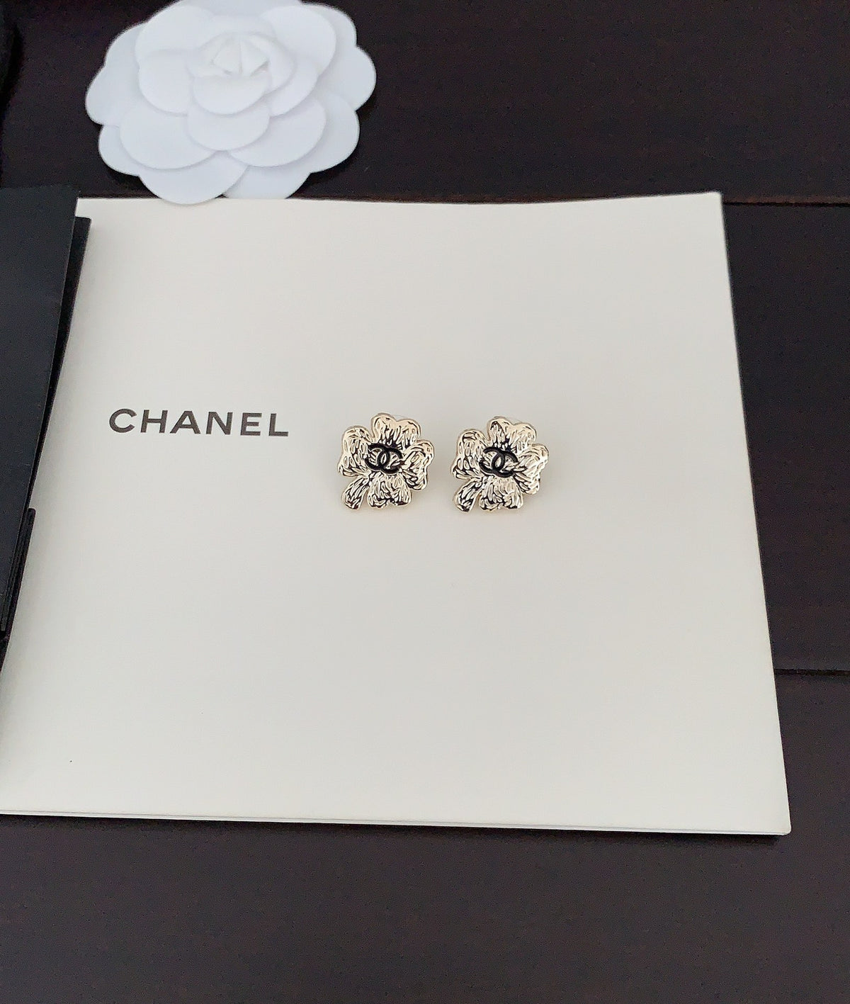 light gold brass clover Stud Earrings for women - alternate angle view 2