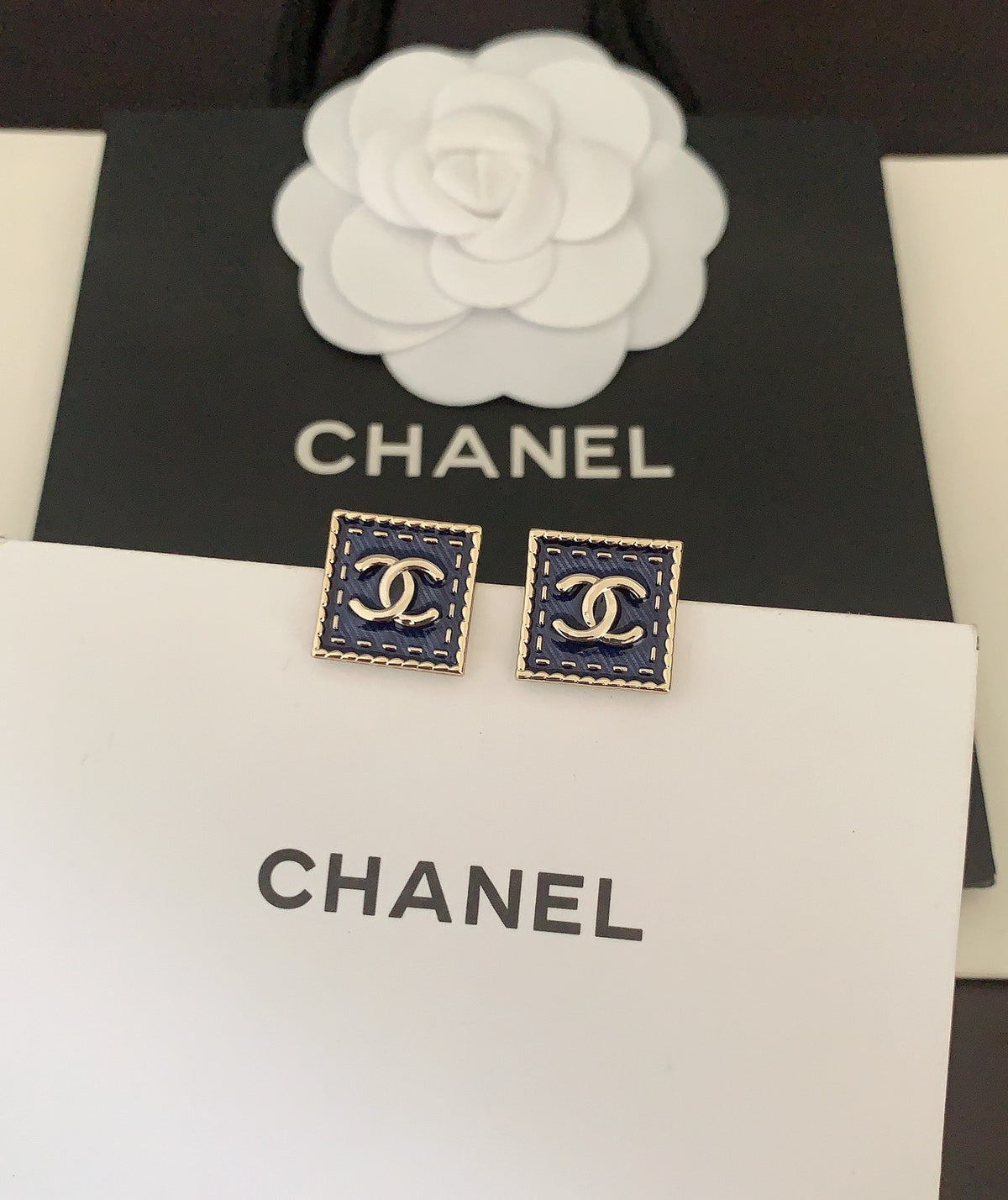 blue brass Stud Earrings for women - alternate angle view 3
