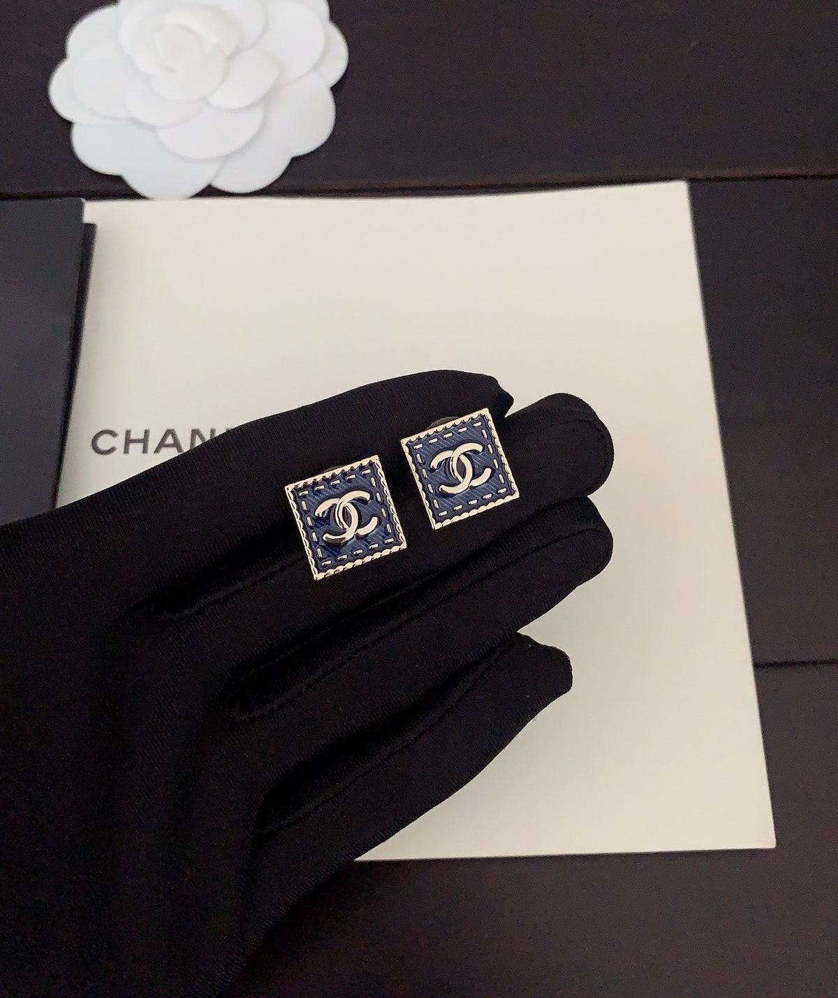 blue brass Stud Earrings for women - product detail view