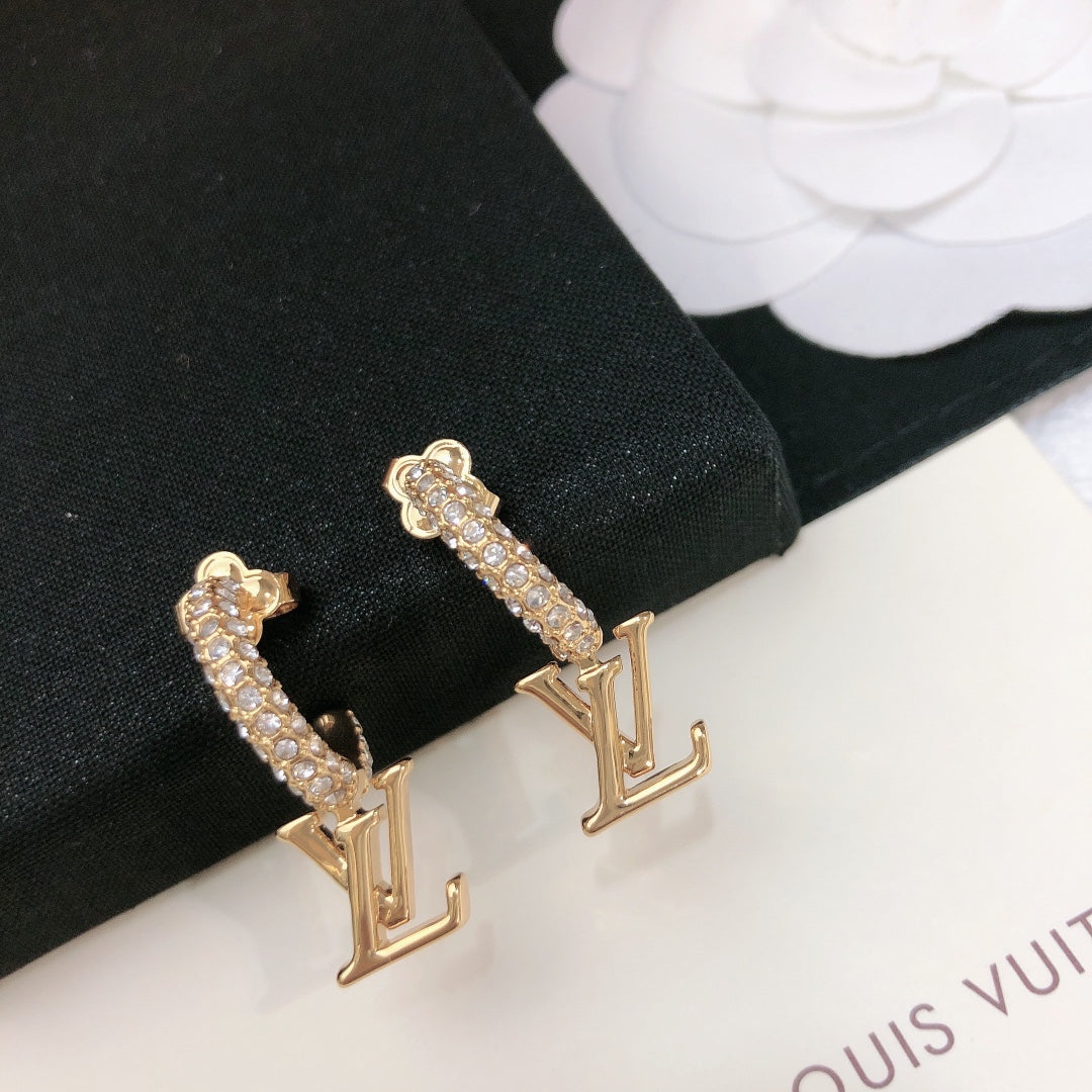 yellow brass letter Stud Earrings for women - alternate angle view 5