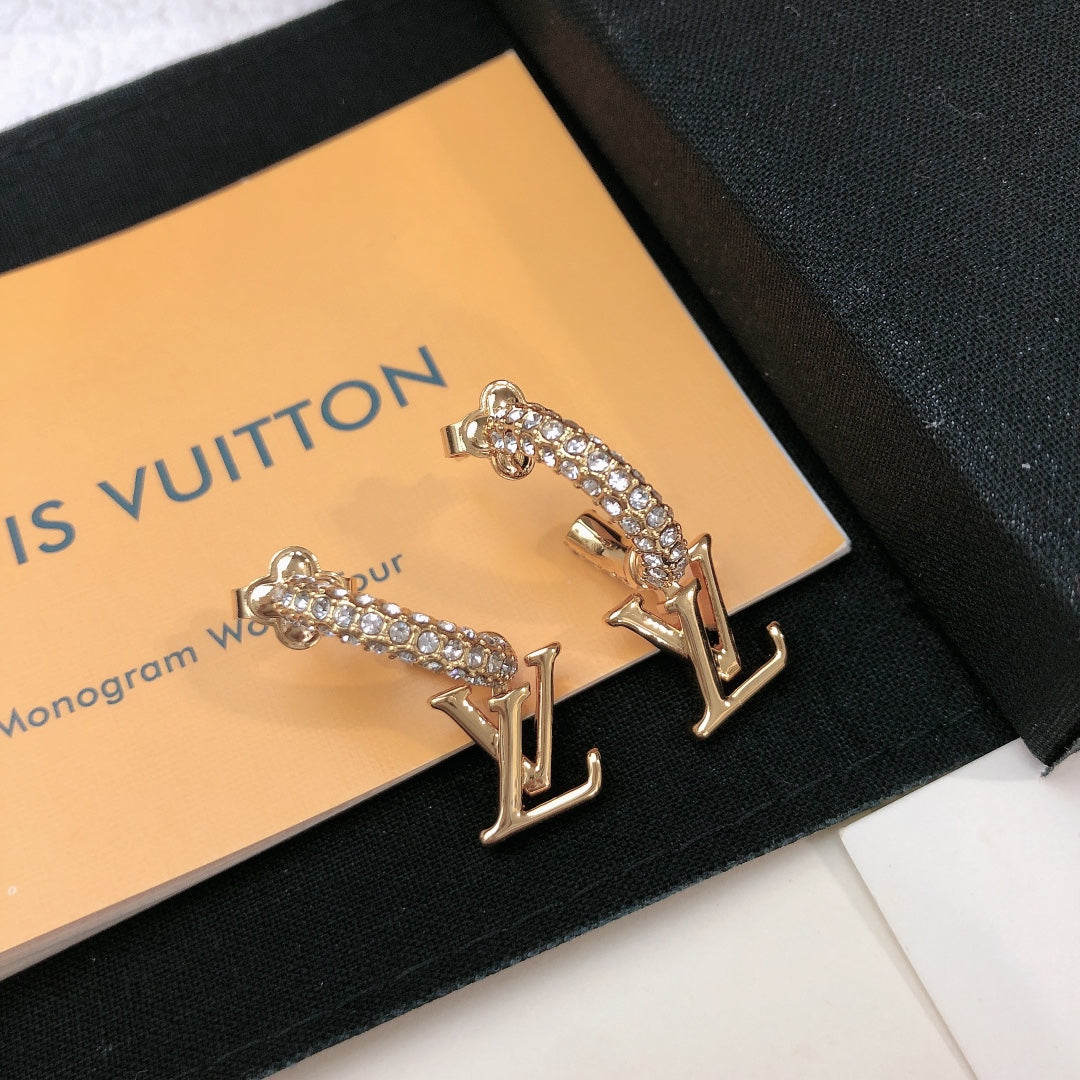 yellow brass letter Stud Earrings for women - alternate angle view 2