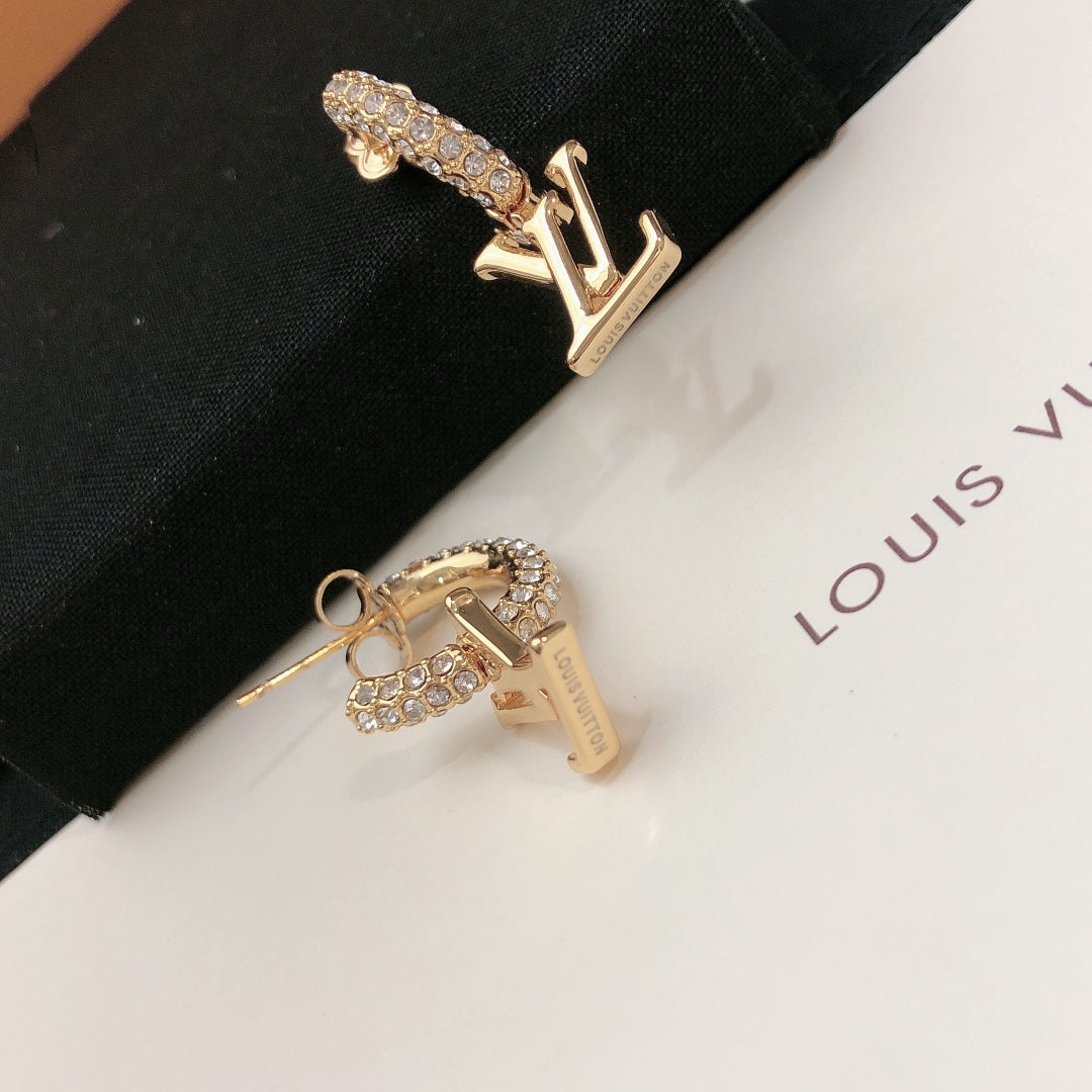 yellow brass letter Stud Earrings for women - alternate angle view 3