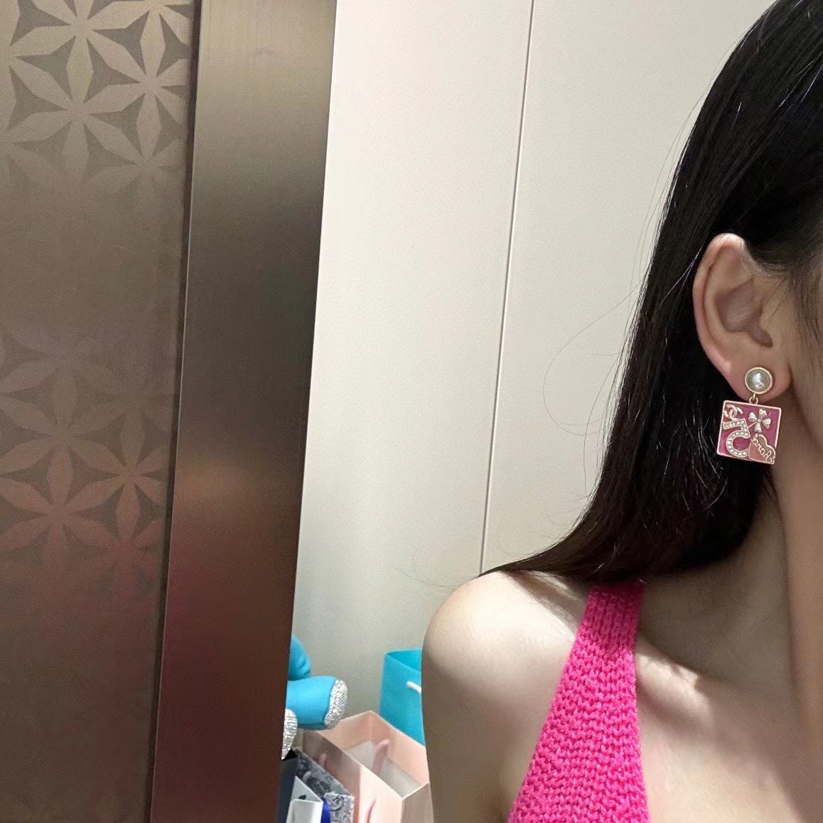 pink pearl number Stud Earrings for women - alternate angle view 9