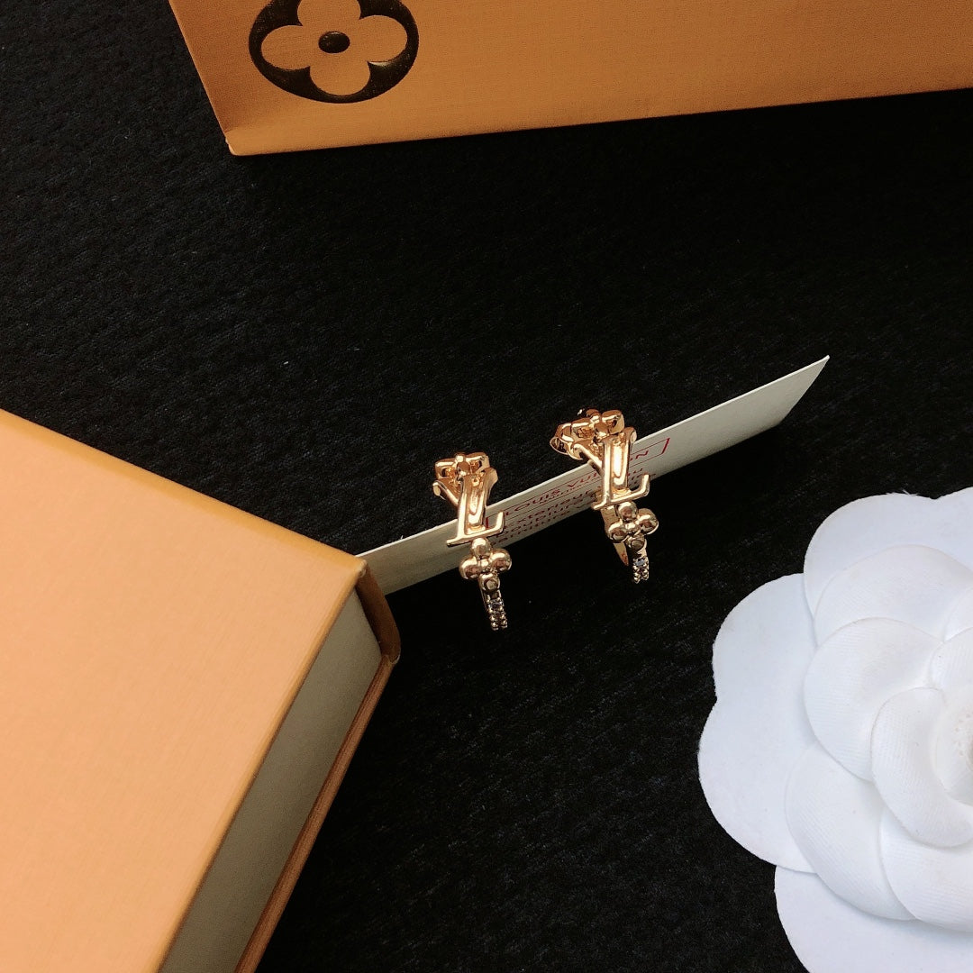yellow brass letter Stud Earrings for women - alternate angle view 3