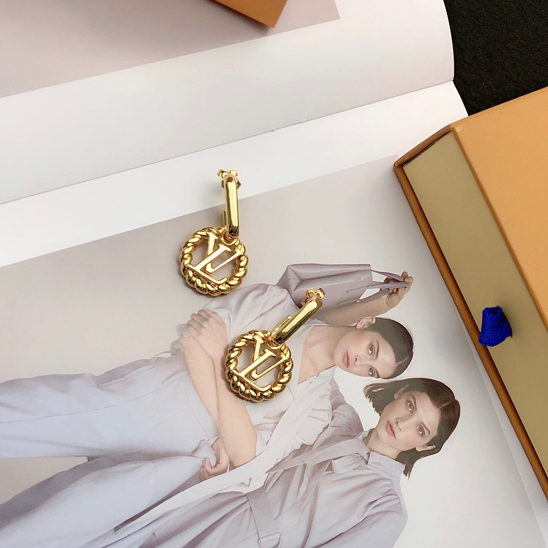 yellow brass letter Stud Earrings for women - alternate angle view 4