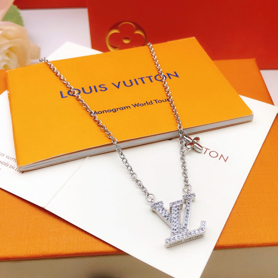 silver brass crystal inlaid Necklace for women - alternate angle view 2